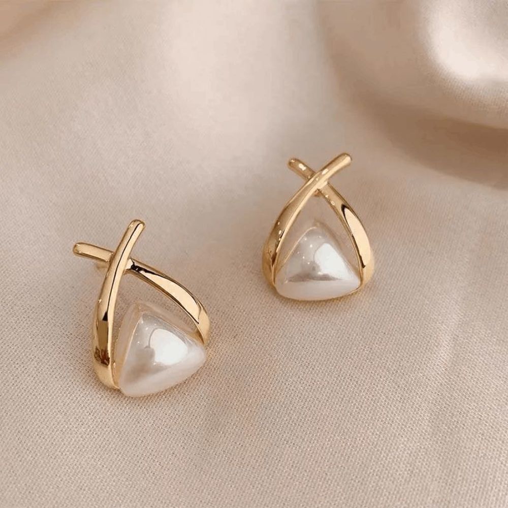 Gold Pearl Triangle Geometric Stud Earrings